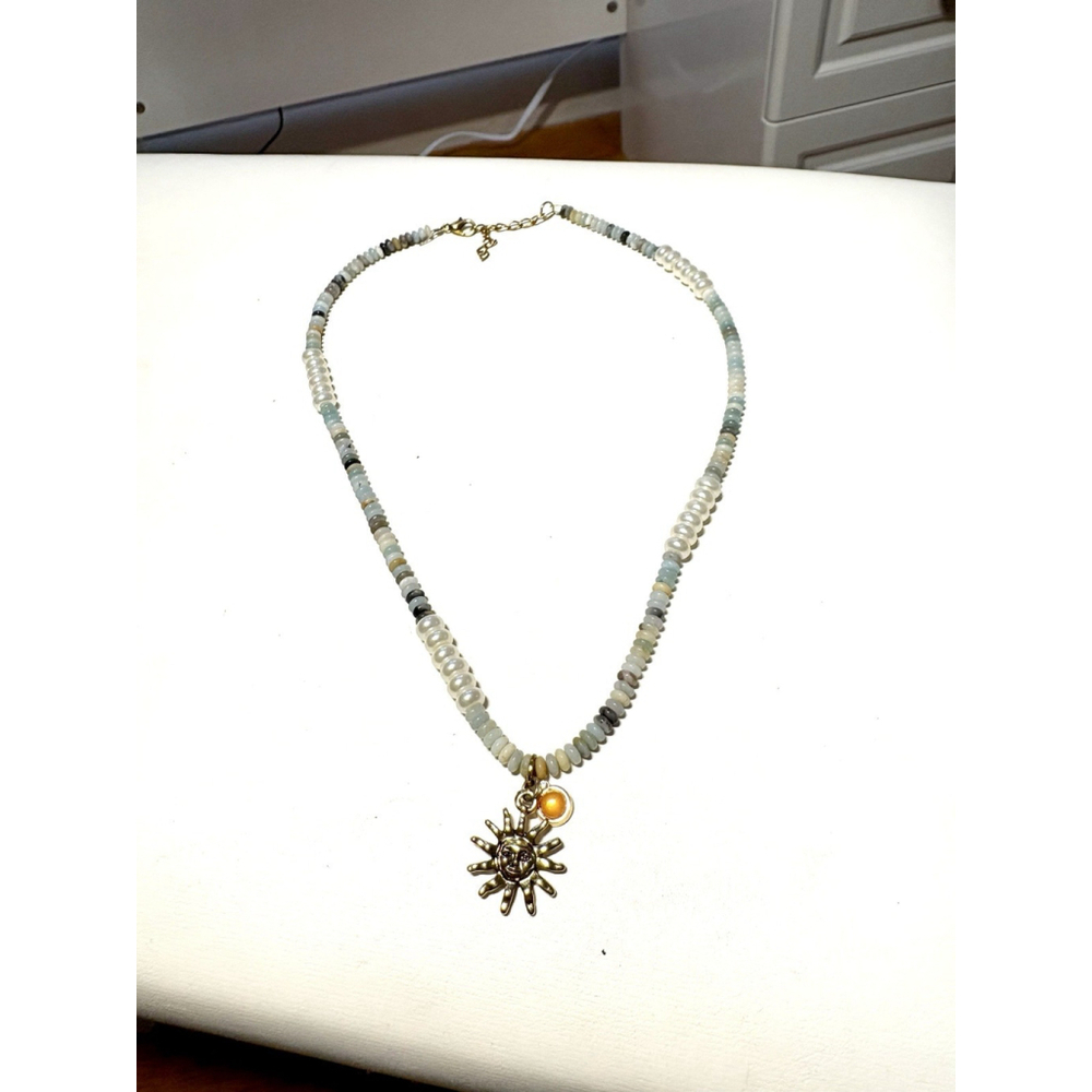 Handmade Sun Charm Necklace with Amazonite, Pearls & Gold Accents - Picture 4 of 5